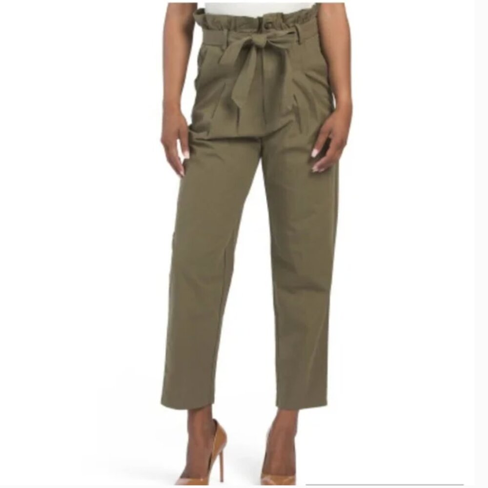 BOGO 7 For All Mankind Paper Bag Pants Olive Green Tie Belt High Waist L NEW